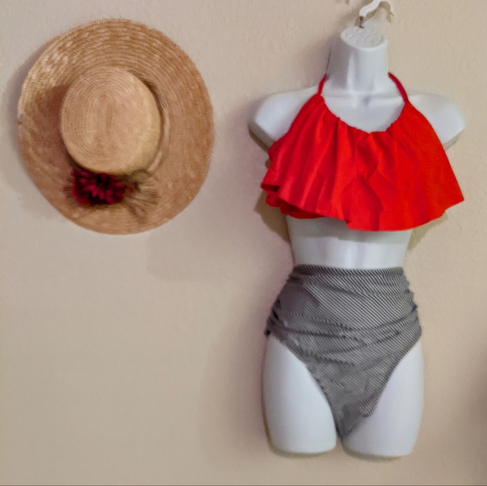 NEW Swim Suit High Waisted Two Piece Red, Black and White  sz.L NWT